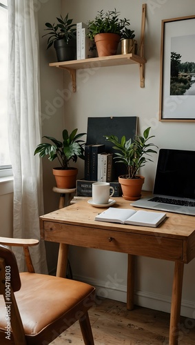 Minimalist desk with laptop, books, and plants.