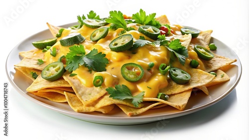 Delicious golden nachos piled high with melted cheese, jalapeños, and fresh cilantro, isolated on a white background, perfect for snack or party theme. photo