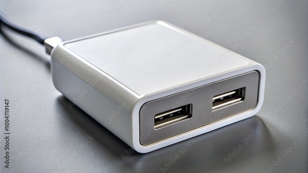 A sleek white square USB port with bold black signage on a modern electronic device's surface, awaiting connection, against a minimalist background. A sleek white square USB port with bold black signage on a modern electronic device's surface, awaiting connection, against a minimalist background.