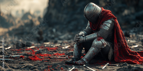 A knight in full armor, with his hands clasped together and head bowed to the ground on an old battlefield where fallen soldiers lie scattered around him.