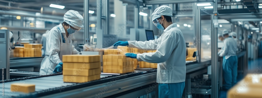 Workers in a cheese manufacturing facility packaging blocks of cheese on a conveyor line during a busy production shift Workers in a cheese manufacturing facility packaging blocks of cheese on a conveyor line during a busy production shift