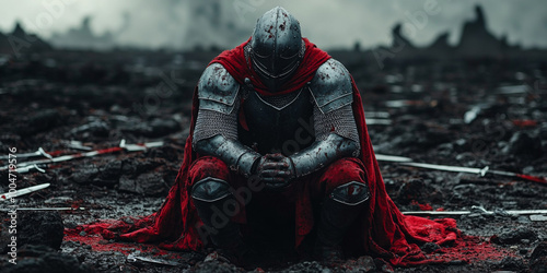 A knight in full armor, with his hands clasped together and head bowed to the ground on an old battlefield where fallen soldiers lie scattered around him.