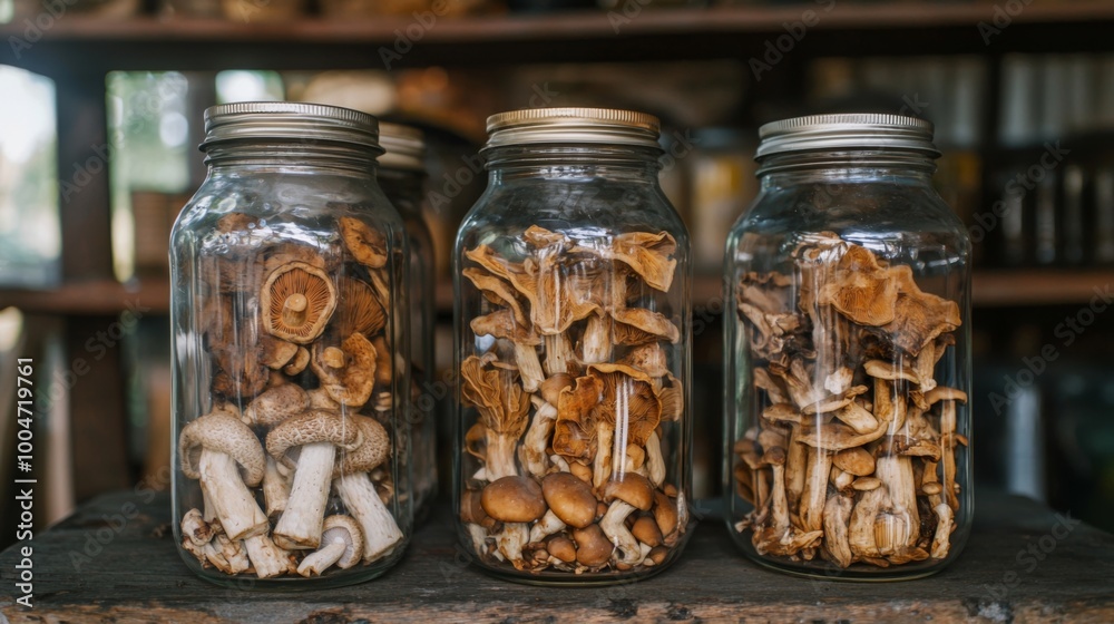 Dried mushrooms stored in jars for preservation. Dry mushrooms in clear glass jar on kitchen Dried mushrooms stored in jars for preservation. Dry mushrooms in clear glass jar on kitchen