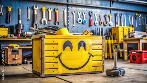 Happy mechanic's toolbox and wrenches scattered on a workbench with a bright yellow smiley face painted on the wall in a cheerful garage setting.