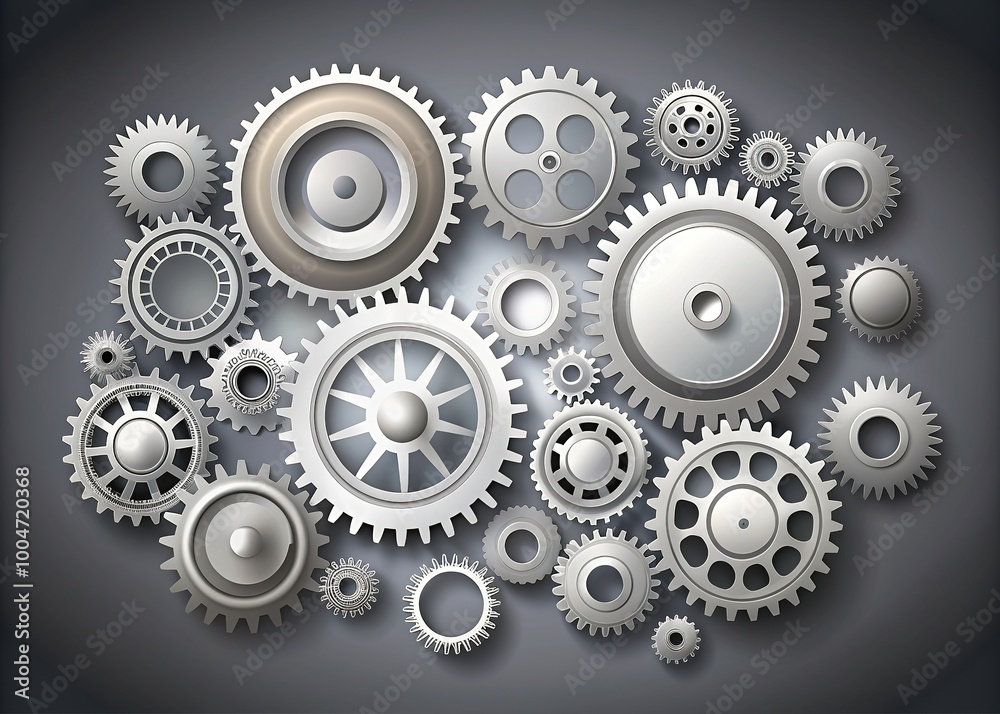 Technical vector illustration of interconnected gears in various sizes on a grey background, ideal for infographics, diagrams, and mechanical technology representations. Technical vector illustration of interconnected gears in various sizes on a grey background, ideal for infographics, diagrams, and mechanical technology representations.