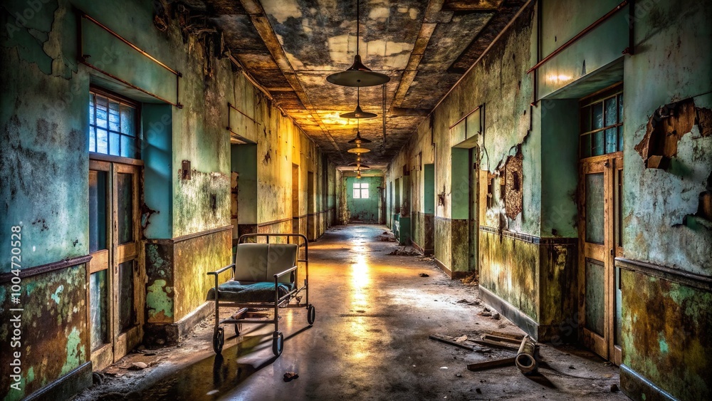 Fototapeta premium Abandoned hospital corridor with peeling paint, rusty medical equipment, and dim flickering fluorescent lights casting eerie shadows, evoking a sense of foreboding and dread.