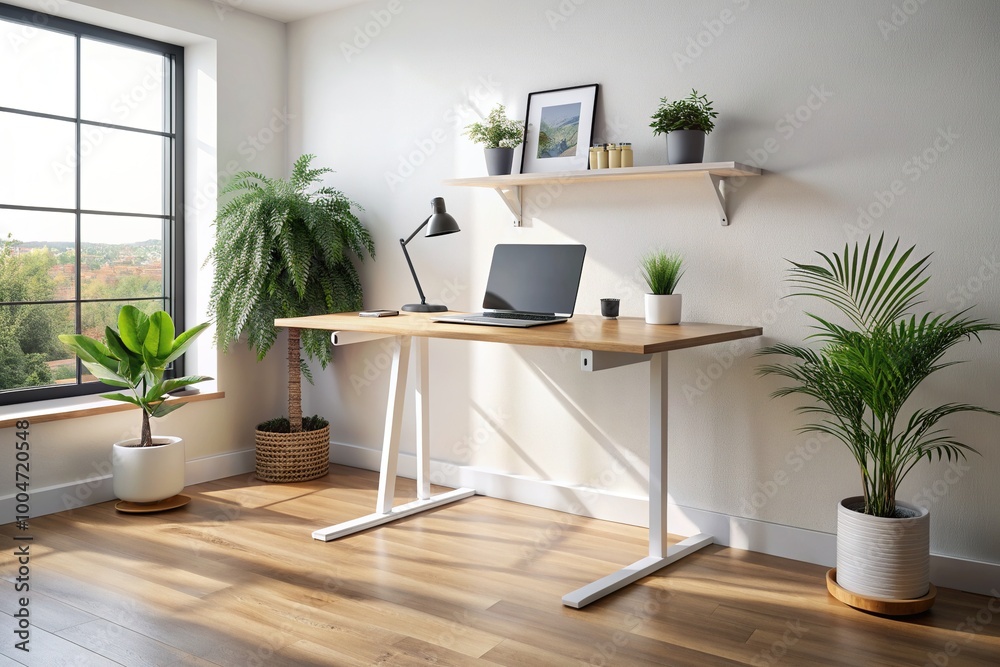 Photograph a minimalist workspace with a standing desk Photograph a minimalist workspace with a standing desk