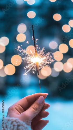 Hand Holding Sparkler with Blurred Festive Lights in Background