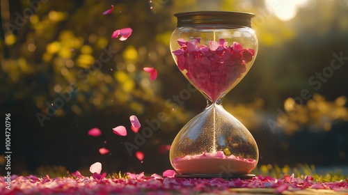 Beautiful glass vase filled with pink sand and pink flowers. The sand is slowly falling out of the vase, while the flowers are gracefully falling out of the vase. The scene is serene and calming photo