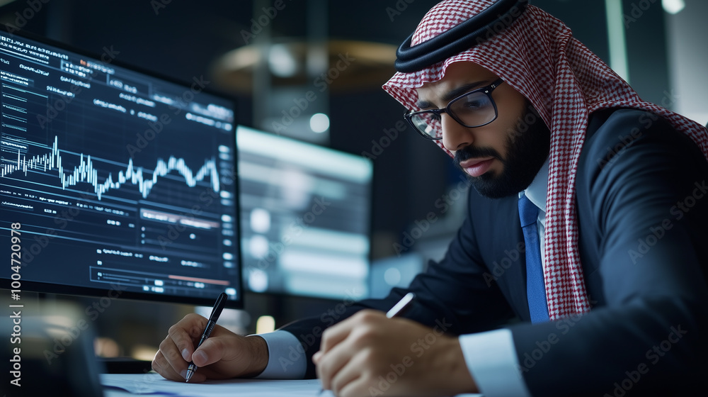Fototapeta premium Uomo d'affari Arabo fa conti di business e trading