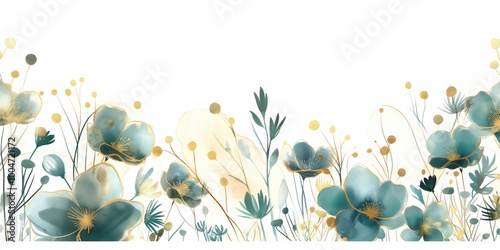 Blue and gold flowery border with a white background. The flowers are in various sizes and are scattered throughout the border. The border is very detailed and has a lot of texture photo