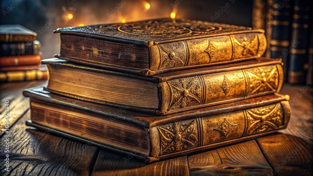 Naklejka premium Stack of three old, worn leather-bound books with golden page edges and intricate cover designs, surrounded by scattered papers and dim lighting.