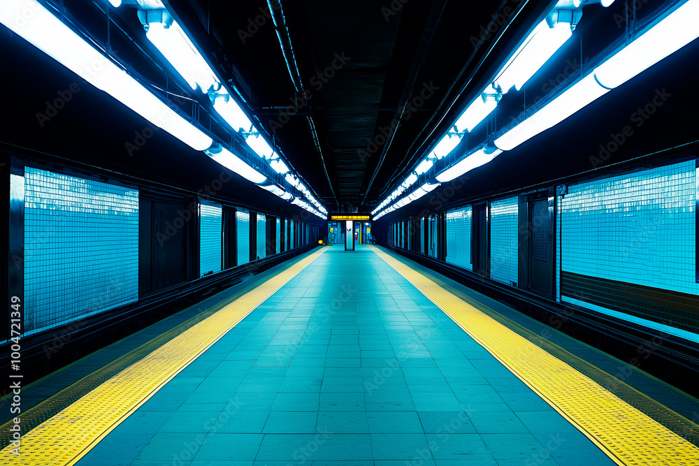 Empty subway station platform with bright fluorescent lighting, blue-tiled walls, and yellow safety lines, creating a modern and futuristic atmosphere Empty subway station platform with bright fluorescent lighting, blue-tiled walls, and yellow safety lines, creating a modern and futuristic atmosphere
