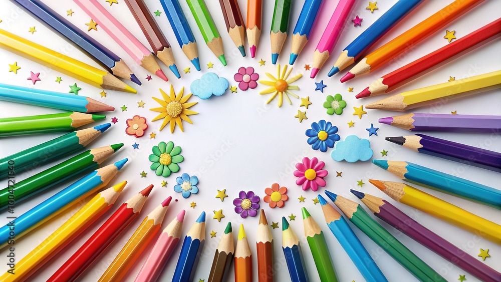 Colorful pencils arranged in a circular pattern surrounded by whimsical illustrations of flowers, stars, and clouds on a white background, evoking creativity and imagination. Colorful pencils arranged in a circular pattern surrounded by whimsical illustrations of flowers, stars, and clouds on a white background, evoking creativity and imagination.