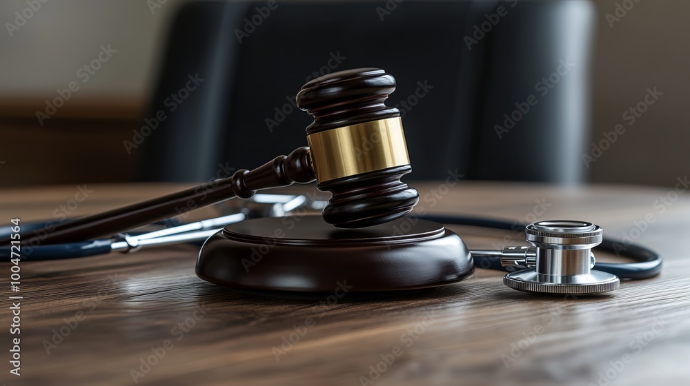 Depiction of social justice: a gavel and stethoscope placed on a wooden table, captured from the front. Depiction of social justice: a gavel and stethoscope placed on a wooden table, captured from the front.