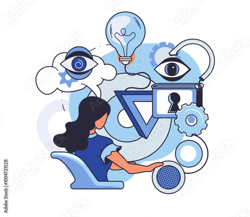Abstract thinking. Central female character, geometric shapes, eyes, lock and key, and a lightbulb. Ideal for creativity innovation intellectual thinking problem-solving security and imagination