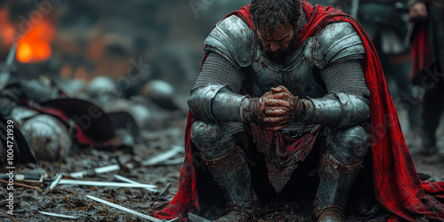 A knight in full armor, with his hands clasped together and head bowed to the ground on an old battlefield where fallen soldiers lie scattered around him.