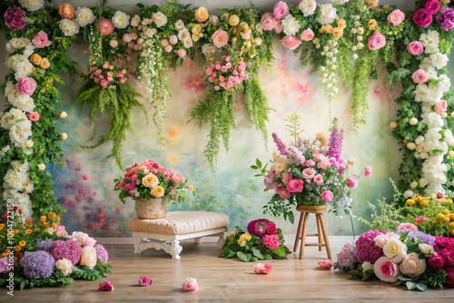 Wallpaper Mural Vibrant blooming flowers, lush greenery, and soft pastel colors create a whimsical spring-inspired background perfect for capturing joyful studio photography moments of children, families,  Torontodigital.ca