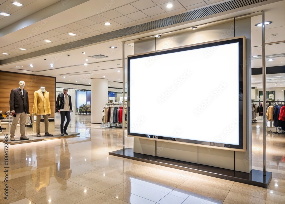 Isolated blank white television screen or digital media white banner on a neutral background, awaiting custom content or advertisement, in a modern department store setting.