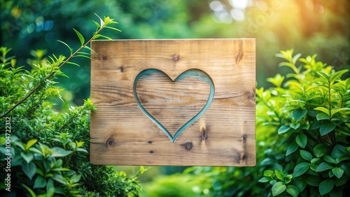 A gentle wooden sign with a soothing blue background and a large hand-drawn heart, surrounded by lush greenery, evoking feelings of empathy and compassion. photo