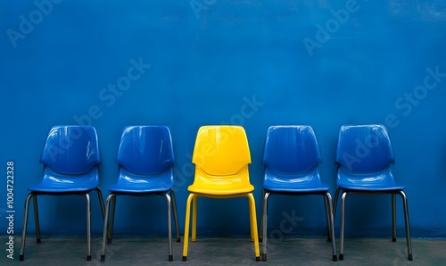 Colorful plastic chairs against a blue wall