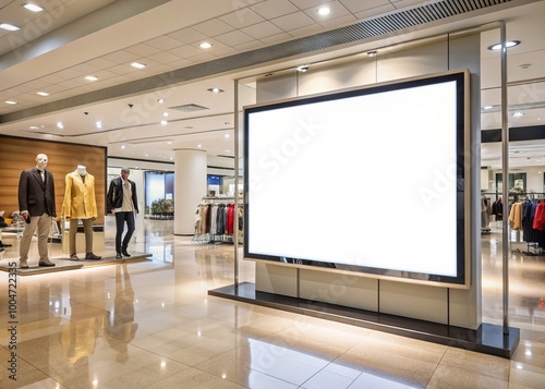 Obraz na płótnie Isolated blank white television screen or digital media white banner on a neutral background, awaiting custom content or advertisement, in a modern department store setting. w salonie