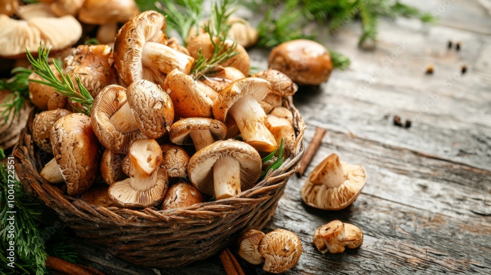 Freshly foraged wild mushrooms in a basket. Rustic wicker basket filled freshly harvested mushrooms Freshly foraged wild mushrooms in a basket. Rustic wicker basket filled freshly harvested mushrooms