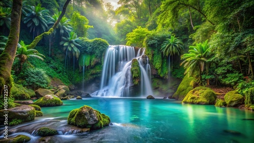 Serene turquoise waterfall cascades down lush green moss-covered rocks in a dense rainforest, surrounded by vibrant tropical foliage and misty atmosphere.