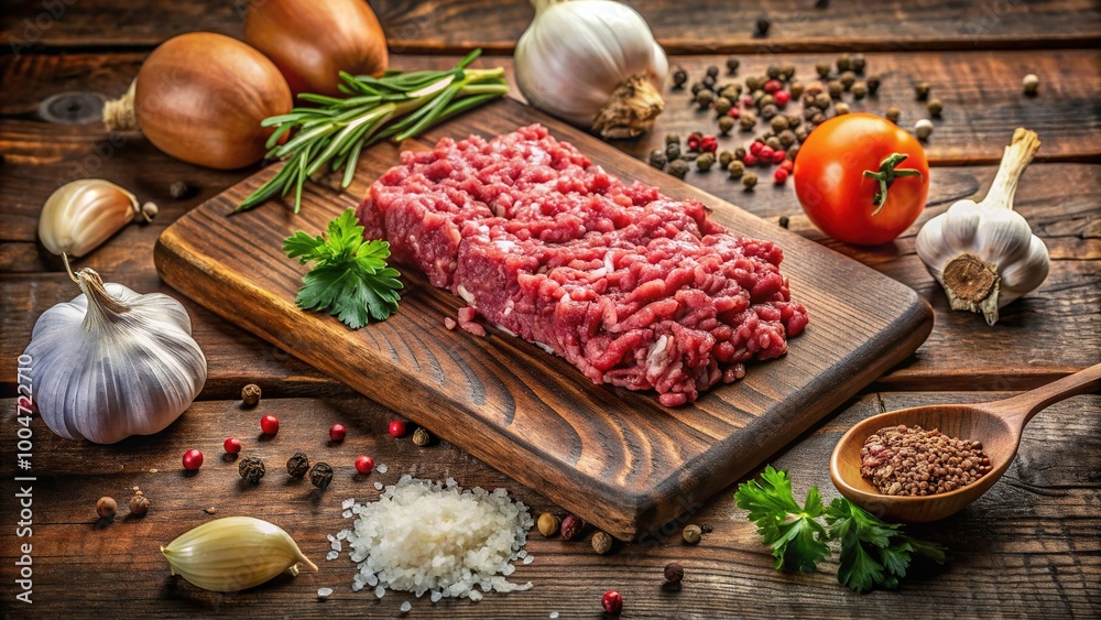 Freshly ground chuck beef scattered on a wooden cutting board, surrounded by chopped onions and garlic, with a sprinkle of salt and pepper. Freshly ground chuck beef scattered on a wooden cutting board, surrounded by chopped onions and garlic, with a sprinkle of salt and pepper.