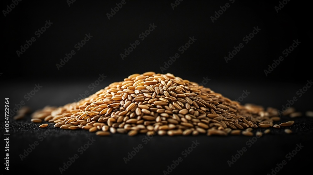 Obraz premium A mound of brown rice grains arranged neatly on a deep black background with high contrast