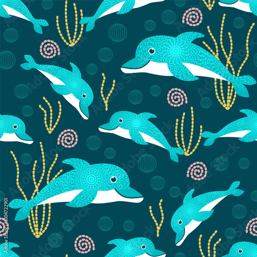 Whimsical smiling Dolphins swimming under water Vector Pattern. Wonderland textured dolphins teal nautical seamless pattern.