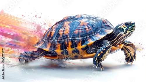 Fast sea turtle running on white background photo