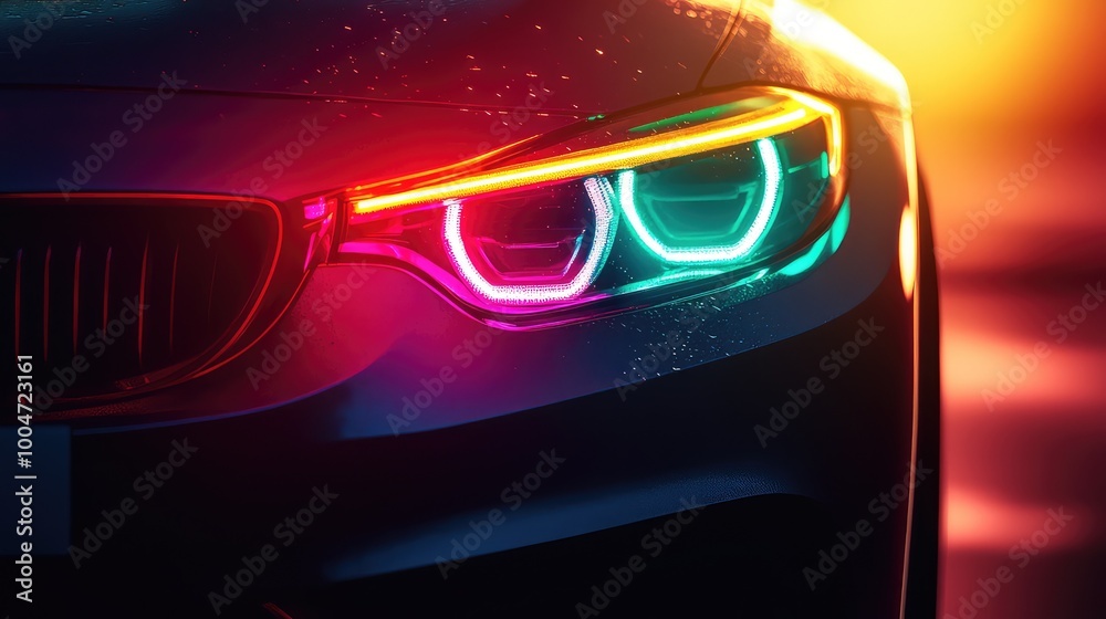 Colorful Car Headlight Flare Illustration: Neon Reflection of Yellow, Red, Green, and Pink Car Headlights Glowing in Sunlight