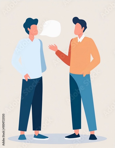 Two young male colleagues are having a conversation, with one gesturing while speaking and a speech bubble above photo