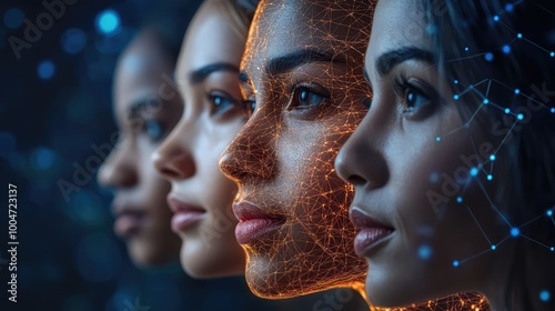 Collage of Diverse Faces Connected by Glowing Threads Symbolizing Unity and Cultural Harmony photo