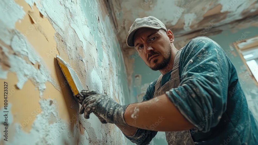 Worker Removing Old Light Wallpaper with Scraper in Apartment, Updating Wall for Room Repair Using Spatula and Scraper, Home Renovation Process Worker Removing Old Light Wallpaper with Scraper in Apartment, Updating Wall for Room Repair Using Spatula and Scraper, Home Renovation Process