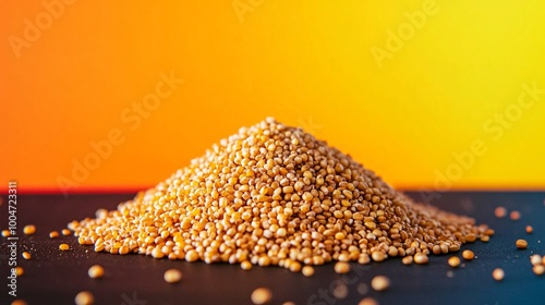 A pile of whole grain sorghum on a matte black surface with a vibrant neon orange and yellow backdrop