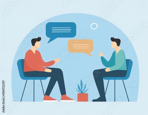 Two men sitting on chairs, talking and exchanging speech bubbles, discussing a project or having a friendly conversation photo