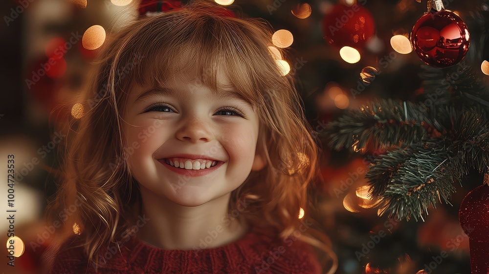 Joyful Girl Laughing Near Christmas Tree Awaiting Gifts - Festive Holiday Scene with Cheerful Atmosphere