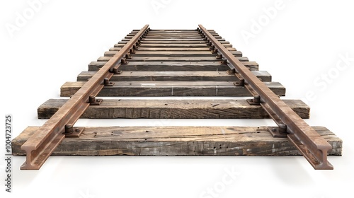 Perspective shot of railway tracks diverging, isolated on white, with clear detail.