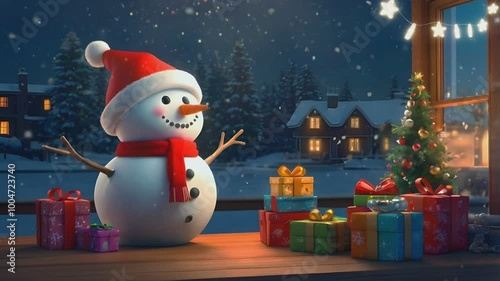 Christmas celebration background, cute snowman on a wooden table in the yard
