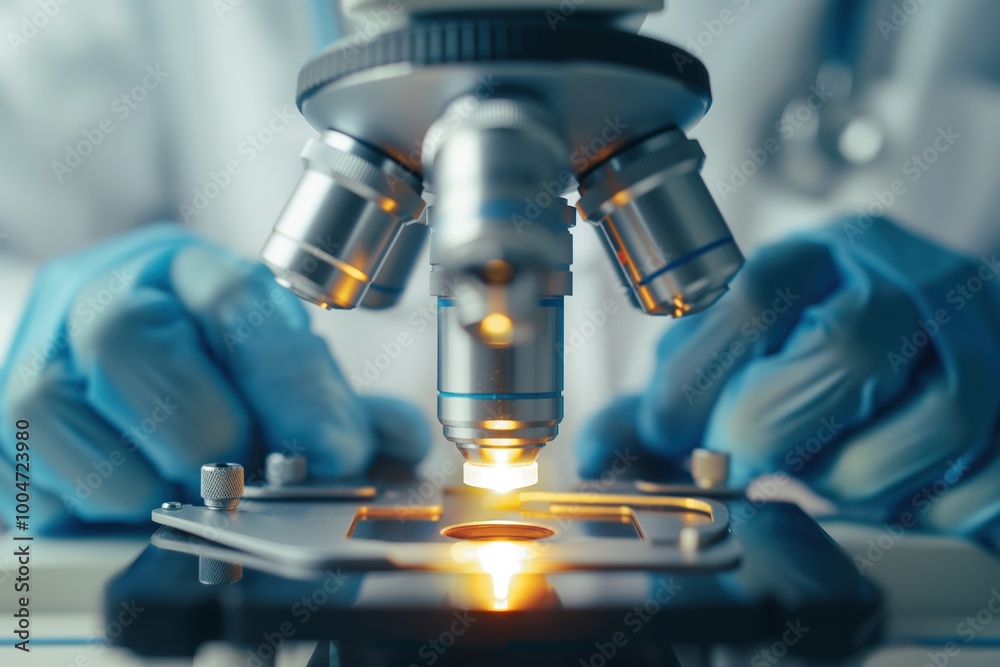 Scientist is looking through a microscope at a small object. Concept of curiosity and scientific exploration Scientist is looking through a microscope at a small object. Concept of curiosity and scientific exploration