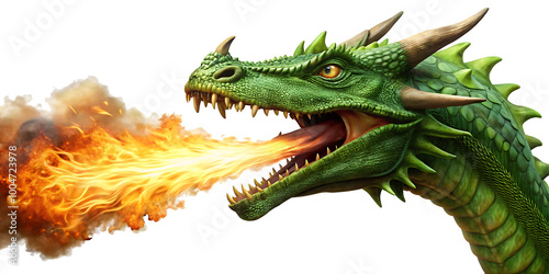 Side view dragon head spitting fire isolated on a white background.AI GENERATED photo