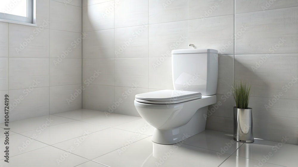 White modern toilet with sleek design and chrome handle sitting on light gray tile floor in a clean and minimalist bathroom with white walls. White modern toilet with sleek design and chrome handle sitting on light gray tile floor in a clean and minimalist bathroom with white walls.