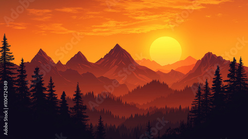 Scenic view of a sunset behind mountain peaks, with deep orange skies and silhouettes of pine trees, creating a peaceful and breathtaking landscape.