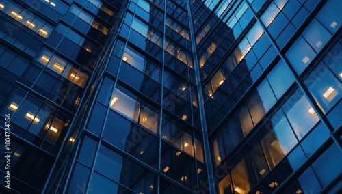 Tall building with many windows and lights shining through them. The building is lit up at night, giving it a modern and sleek appearance