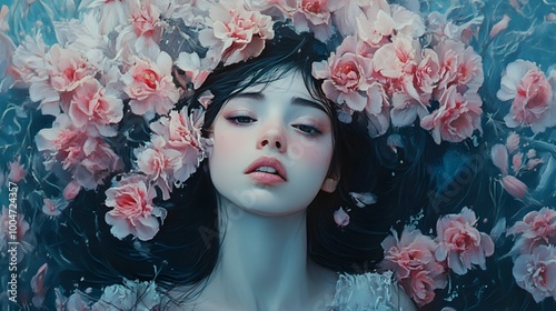 Scenic portrait of a beautiful young woman with delicate white and pink skin surrounded by light pink delicate flowers