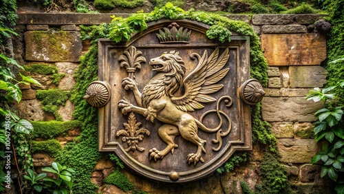 Antique distressed vintage emblem featuring a mythical Griffin guarding a shield with intricate carvings on a weathered stone wall with moss and ivy growth.