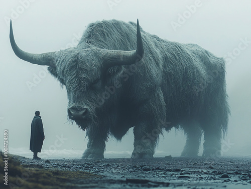  Surreal scene of a massive, fur-covered bull standing near a misty shoreline with a lone figure, creating a dramatic and tranquil atmosphere in a foggy landscape. photo