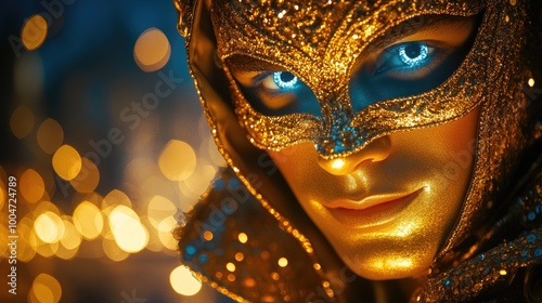 Golden Masked Persona with Blue Eyes Amidst Vibrant Bokeh Lights in Enigmatic Carnival Setting